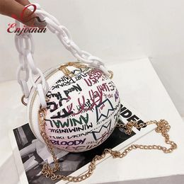 Bag Graffiti Basketball Shape Handbag Chain Shoulder For Women Fashion Crossbody Colourful Letters Casual Purses Pu Leather