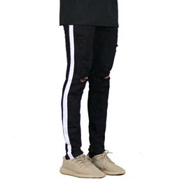 Fashionable striped black men's with holes and slim fit jeans M524 49