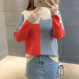 Women's Sweaters Autumn Winter Fashion Casual Loose Round Neck Knitted Tops Women Color Block Pullover Female Long Sleeve Basic Jumper