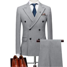 Grey Mens Wedding Suits Groom Tuxedos custom Made Groomsmen Wear 3 Pieces Slim Fit Best Man Blazers Jacket Double Breasted Peaked Lapel 280H