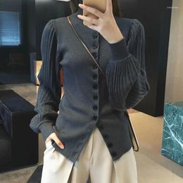 Women's Knits Women Knitted Cardigan Lantern Sleeve Single Breasted Slim Turtleneck Sweater Jacket Autumn Coat Korean Luxury Clothing