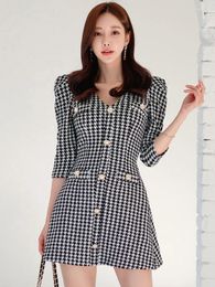 Casual Dresses Autumn Women Retro Mini Dress Houndstooth Vintage Sexy V Neck A-Line Short Gown Femme Party Street Clothes Club Mujer