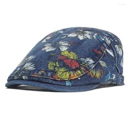 Berets Unisex Floral Print Denim Sboy Hat With Adjustable Buckle Summer Driving Hunting Flat Cap For Women Men