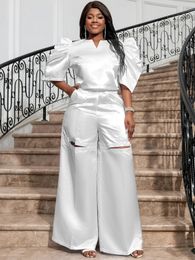 Elegant White Two Pieces Sets For Women Half Open Collar Puff Sleeve Crop Top Empire Long Straight Pant Trendy Suits In 240514