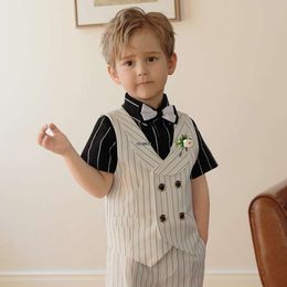 Kids Photography Birthday Ceremony Costume Flower Boys White Vest Pants Bowtie Performance Suit Children Formal Wedding Dress