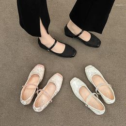 Casual Shoes Soft Round Toe Shallow Mouth Low Sandals Woman Leather Lady 2024 Summer Heels Mary Jane Low-heeled Girls Comfort