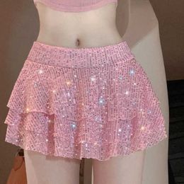 Skirts 2024 Spring/Summer Womens Pink Sequin Multi layered Ruffled Short Skirt Sexy Spicy Girl Rising Mini Skirt Club Dress S2452408