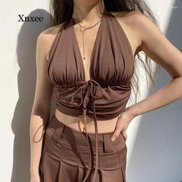 Women's Tanks Coffe V Neck Backless Sexy Halter Top Summer Y2K Ruched Cropped Milkmaid Tops Tees Tie Up Fashion Tank 90S Streetwear Dress