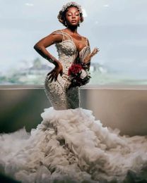 Ruffles African Girl Mermaid Wedding Dress 2024 Pearls Beaded Sheer Neck Long Sleeves Bridal Gowns Arabic Aso Ebi Vestidos De Novia Customize