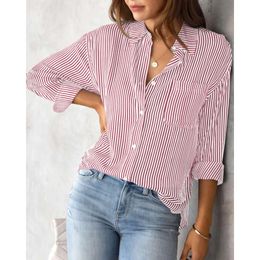 Women's Blouse Pink Striped classic Print,Button Long Sleeve Casual No pockets Daily Basic Shirt 2024 Fall & Winter Tops