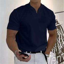 Summer Beach Short-sleeved 100% Cotton V-neck T-shirt 8-Color Casual Sportswear Solid Colour S-5XL High-quality Men Clothing 240524