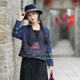 Ethnic Clothing 2024 Chinese Vintage Jacket Women Cotton Linen Jacquard Coat National Flower Embroidery Cardigan V-neck