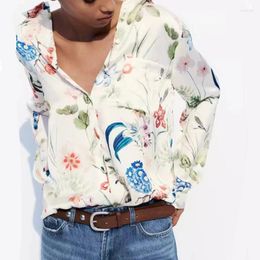 Women's Blouses Trend 2024 Zatraf Youthful Elegant Spring Summer Hawaiian Casual 90s Vintage Pocket Flower Printed Satin Shirts Clothes