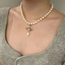 High quality Western Empress Dowager Water Drop Retro Style Single layer Pearl 3D Saturn Necklace Popular Trendy Design