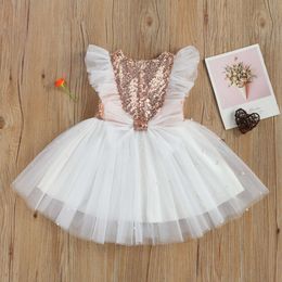 2021 Princess Infant Kids Girls Party Sequined Solid Patchwork Lace Fly Sleeve Back Bow Knee Length Tutu Dress