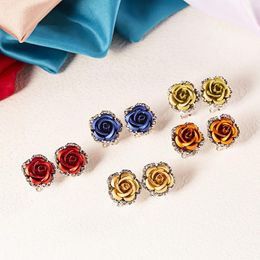 Stud Earrings Elegant Inlaid Rhinestone Rose For Women Romantic Colourful Flowers Ear Clip Bride Party Wedding Jewellery