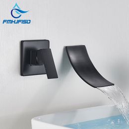 Black Waterfall Spout Bathroom Faucet Wall Mounted Basin Faucets Sink Mixer Tap Dual Holes Mixer Crane Embedded Brass Spout