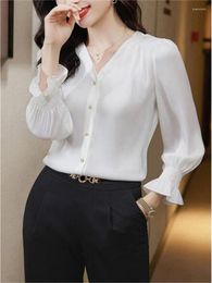 Women's Blouses White V-neck Shirt Ladies Professional High-end Business For Women Puff Sleeve Loose Top Chiffon Bottom