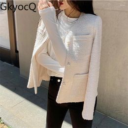 Women's Jackets GkyocQ Spring Korean Chic Women Tweed Jacket Elegant O Neck Long Sleeve Single Breasted Short Straight Coats Female Outwear