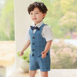 Prince Boys Summer Vest Shirt Shorts Bowtie School Uniform Children Wedding Dress Kids Kindergarten Performance Photograph Suit