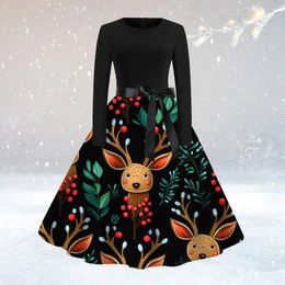 Casual Dresses Christmas Women's Dress Long Sleeve O Neck With Belt Swing Cocktail Party Elk Print Sundress Autumn Winter