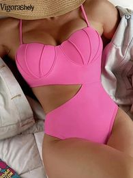 Women's Swimwear Vigoashely 2024 Sexy Pink Strapped Women Underwire Push Up One Piece Swimsuit Monokini Halter Hollow Bathing Suit