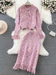 Work Dresses XFPV Women Sweet V-Neck Single Breasted Knitted Coat Two Piece Set High Waist Wrapped Hip Skirt Korean Autumn Winter 2024