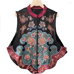 Ethnic Clothing 2024 Chinese Flower Embroidery Stand Collar Vest National Satin Jacquard Traditional Hanfu Tops Sleeveless Jacket