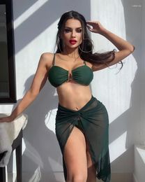 Women's Swimwear 3 Pieces Set Swimsuit Women Green Bandeau Sexy Thong Bikini With Sarong Skirts Cover Up Beach Bathing Suits Swim