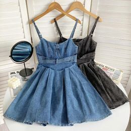 Casual Dresses Korean Fashion Denim For Women Spaghetti Strap Belt Skinny Age-reducing Pleated Dress Summer Female Vestidos Dropship