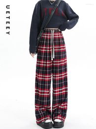 Women's Pants UETEEY Women Cargo High Waisted Wide Leg Casual 2024 Y2k Fashion Full Length Plaid Vintage Straight Trousers