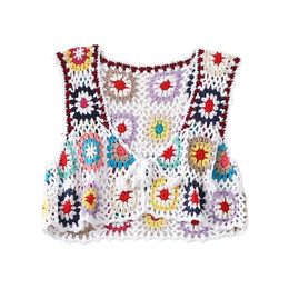 Women Boho Hippie Crochet Knit Cropped Vest Ethnic Multicolor Plaid Pattern Sleeveless Short Cardigan Lace-Up Open Front F0T5 240516