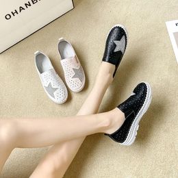 Casual Shoes Summer Round Toe Loafers Women's Female Fashion Slip-On Cow Leather Shoe Perforated Rhinestone Ornament