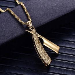 Punk Razor Blade Pendants Necklaces Golden Colour 14K Gold Chain Barber Shop Necklace for Men Jewellery