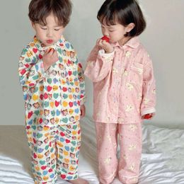 Barns kostym 2024 Spring New Cotton Baby Girl's Pamas sätter långärmad lapel topp+pant pojkes hemkläder L2405