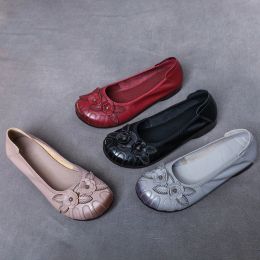 Retro Genuine Leather Woman Flats Women's Shoes New Spring Red Loafers Pregnant Woman Comfortable Walking Shoes Black Moccasins