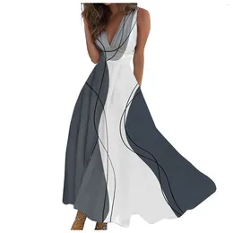 Casual Dresses Women'S Summer Long Dress Fashion A Line Swing Trend Marble Printing Sleeveless V Neck Daily All-Match