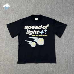 Quality Hip Hop Foam Puff Print Speed Of Light Broken Planet T-Shirt Men Women Couple 1 1 Tag Oversized T Shirt Tee Top 240429