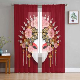 Curtain Red Traditional Chinese Opera Sheer Curtains For Living Room Decoration Window Kitchen Tulle Voile Organza