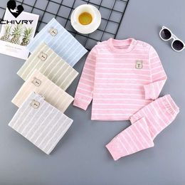 2021 Kids Boys Pama Sets Cartoon Striped Print Long Sleeve T-Shirt Tops with Pants Newborn Baby Girls Autumn Sleeping Clothes L2405