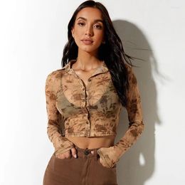 Women's Polos Y2k Female Printed See-Through Cut Out Front Buttoned Long-Sleeve Shirt Top Turn-Down Collar Women Crop Vintage Clothes