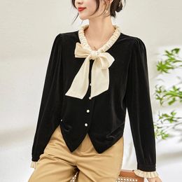 Women's Blouses Elegant Fashion Shirts For Women Spring Autumn Bow Long Sleeve Black Shirt Slim Vintage Velvet Blouse Woman Tops