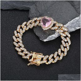 Beaded Jewellery 10Mm Pink Zircon Accessories Hip Hop Peach Heart Cuban Chain Womens Bracelet Drop Delivery Bracelets Dhpfw