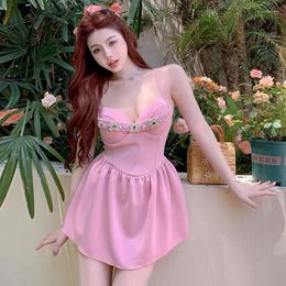 Women's Swimwear 2024 Skirt Style One-piece Swimsuit Pink Suspender Front Floret Summer Holiday Seaside With Steel Ring Bra.