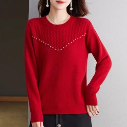 Women's Sweaters Women Pullover Sweater 2024 Autumn Winter Clothes Red Happy Solid Patchwork Pearls O-Neck Casual Female Bottom Shirts