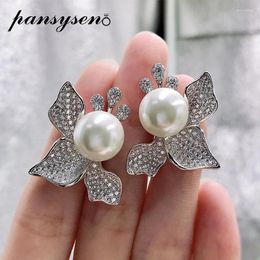 Stud Earrings PANSYSEN 925 Sterling Silver 12MM Flower Shape Created Moissanite Diamond Pearl For Women Wedding Fine Jewelry