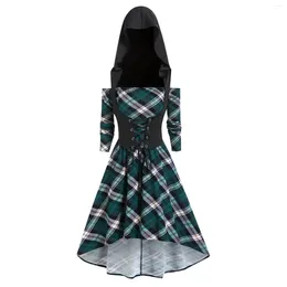 Casual Dresses Ladies Christmas Plaid Patterned Patchwork Long Sleeved Gothic Vintage Dress Women Autumn Knit Irregular A Line Vestido