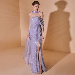Purple Mermaid Evening Dresses Off Shoulder Slit Sequin Birthday Party Gown Lilac Long Arabic Dubai robe de soiree