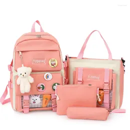 Backpack 2024 4 Pcs Sets Women High School Bags Nylon Kawaii Fashion Book Female With Plush Pendant Cute