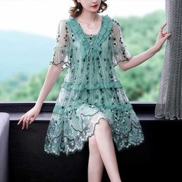 Basic Casual Dresses Embroidery Mesh Hollow Sexy Midi Dress Womens Bohemian Elegant Body Casual Dress Summer Fashion Lightweight Beach Sun Dress Y240524